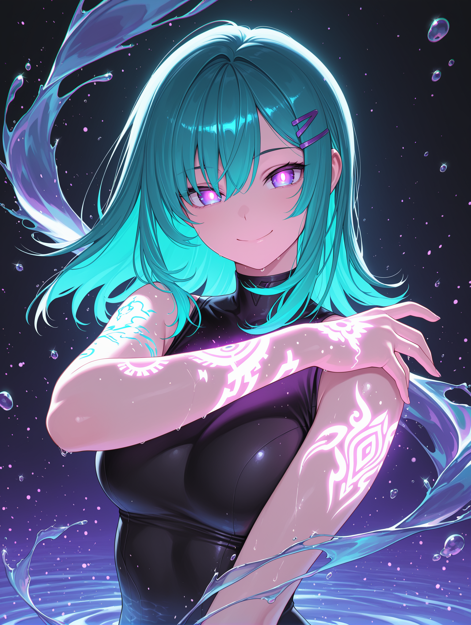 07691-841803642-1girl, long hair, medium hair, two-tone hair, aqua hair, purple pupils, hairclip, floating water, particles, tattoos on arms, gl.png